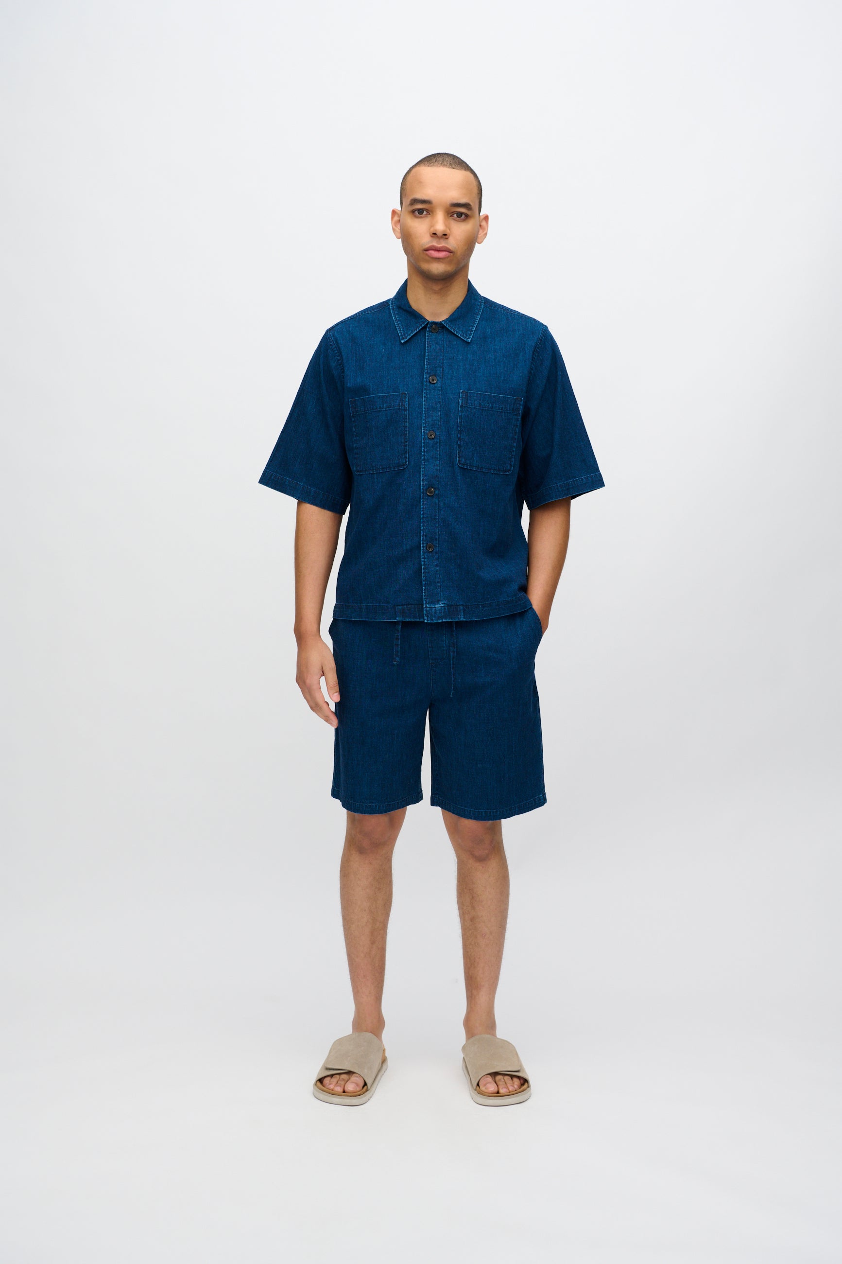 minimum male Atlas shorts i denim- og hørblanding 4239 Shorts 3922 Sky Captain