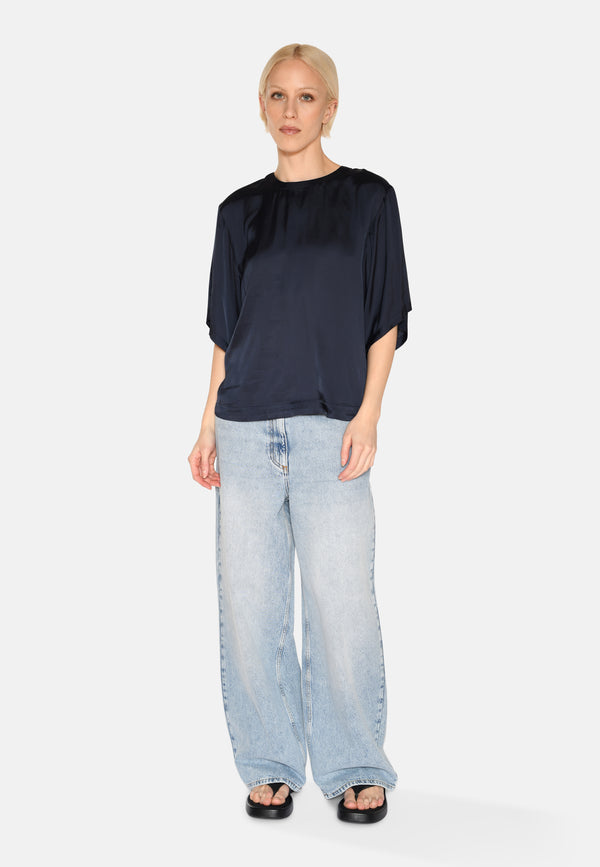 minimum female Janey kortærmet satinbluse 4165 Short Sleeved Blouse 3922 Sky Captain