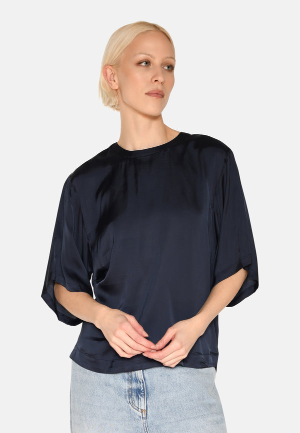 minimum female Janey kortærmet satinbluse 4165 Short Sleeved Blouse 3922 Sky Captain